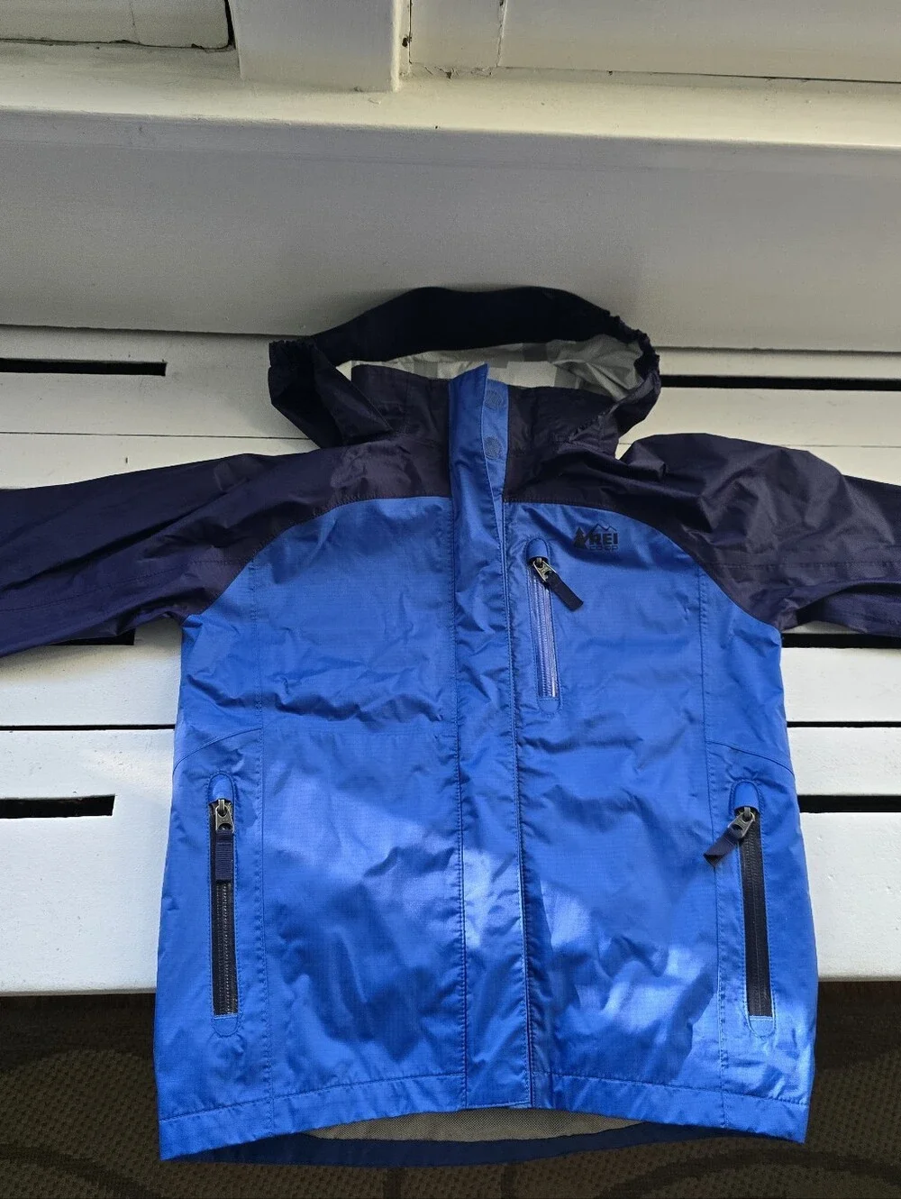 REI Kids Blue and Navy Hooded Rain Jacket
